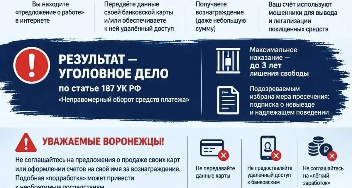 Воронежец продал мошенникам банковскую карту за 4 тысячи рублей и стал фигурантом дела